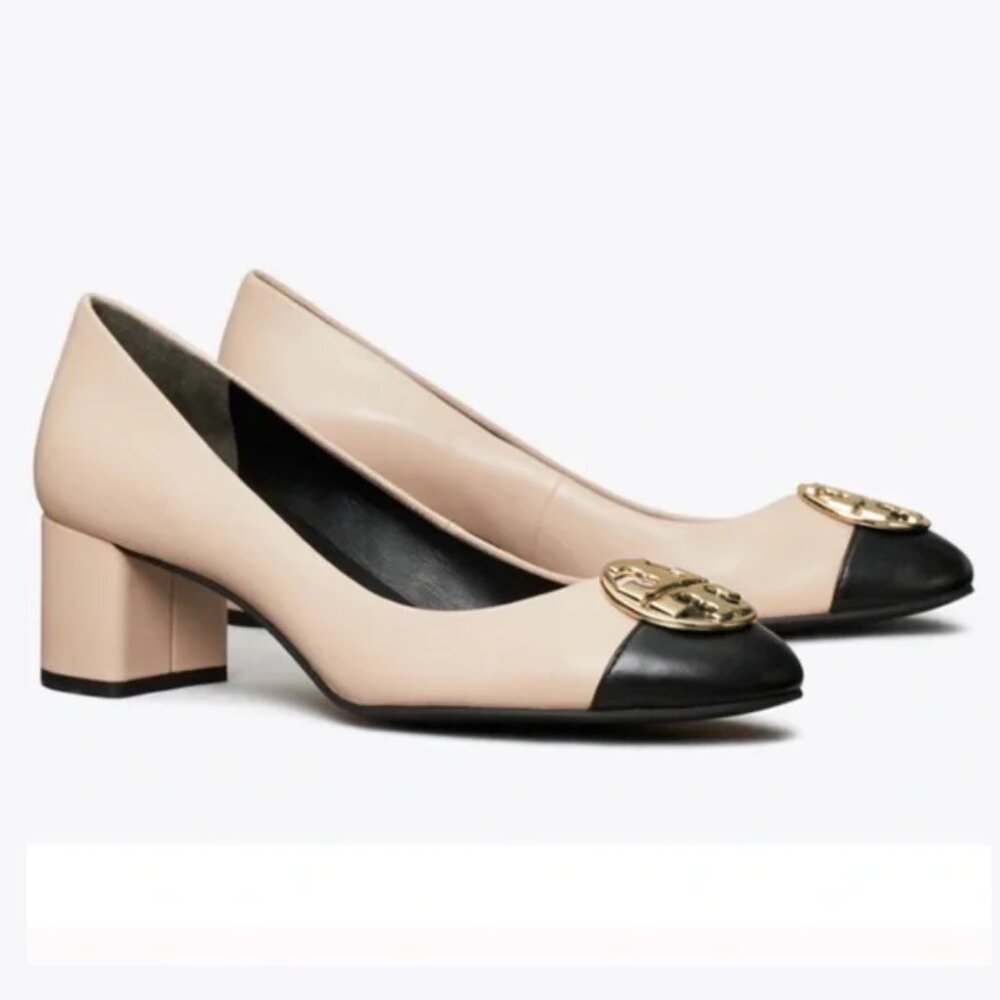 Tory Burch Cream and Black Heels with Gold Accent